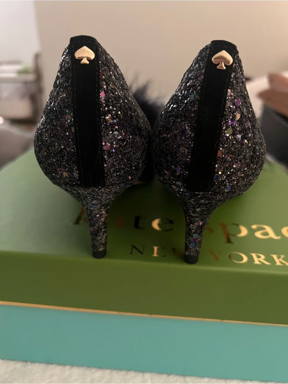 kate spade Navy Glitter Pointed Toe Pom-Pom Flats